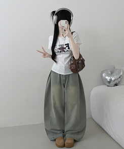 ビンテージレタリングセミクロップ半袖Tシャツ WHITE