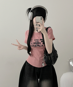 ビンテージレタリングセミクロップ半袖Tシャツ PINK