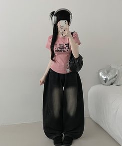 ビンテージレタリングセミクロップ半袖Tシャツ PINK