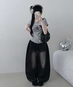 ビンテージレタリングセミクロップ半袖Tシャツ GREY