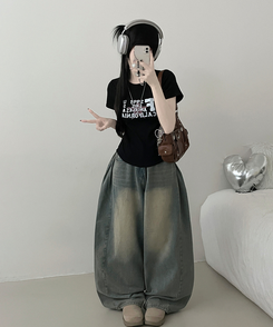 ビンテージレタリングセミクロップ半袖Tシャツ BLACK