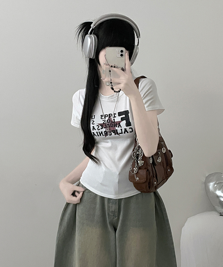 ビンテージレタリングセミクロップ半袖Tシャツ WHITE