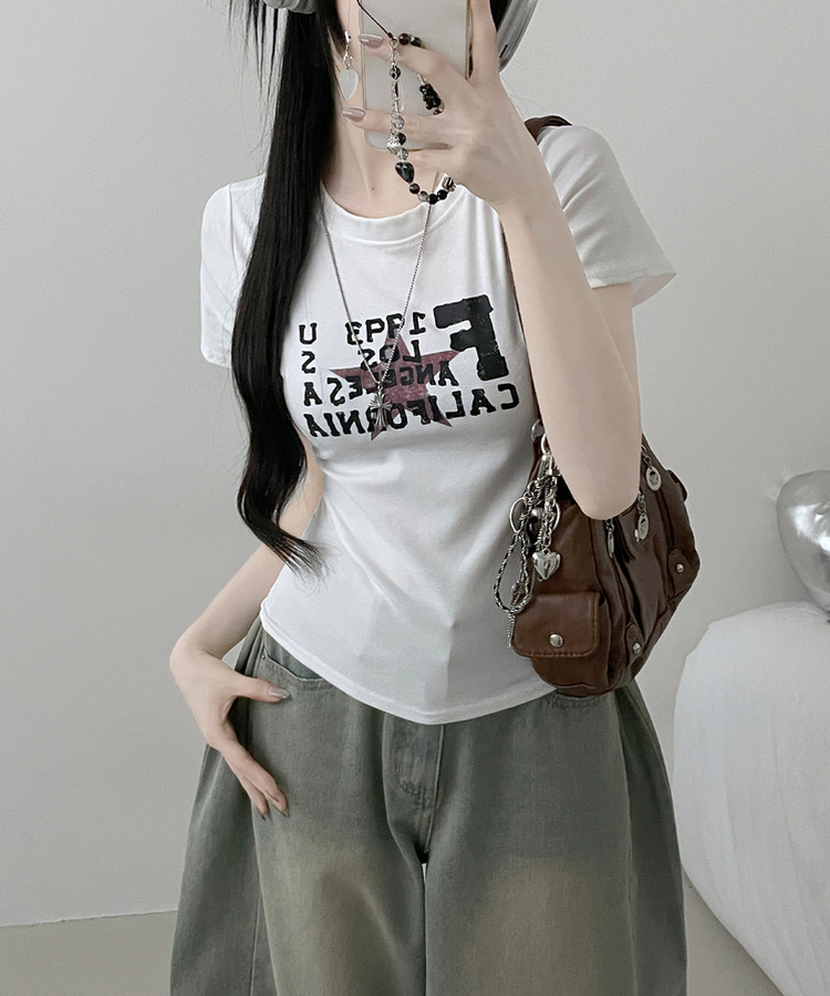 ビンテージレタリングセミクロップ半袖Tシャツ WHITE