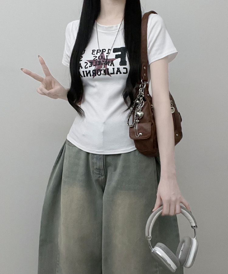 ビンテージレタリングセミクロップ半袖Tシャツ WHITE