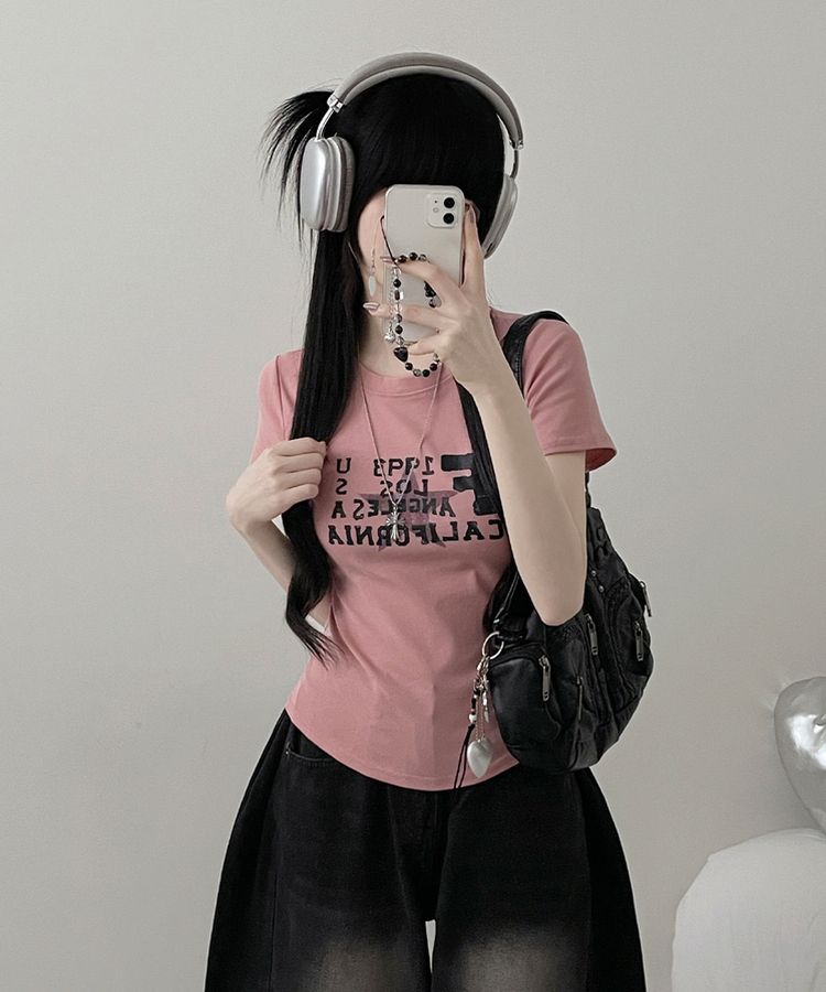 ビンテージレタリングセミクロップ半袖Tシャツ PINK