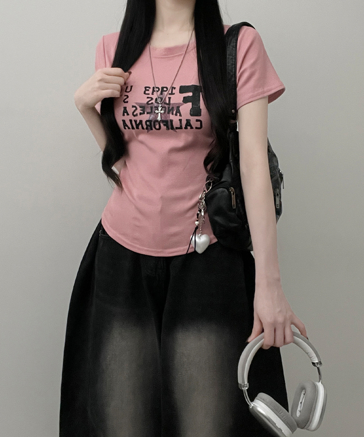 ビンテージレタリングセミクロップ半袖Tシャツ PINK