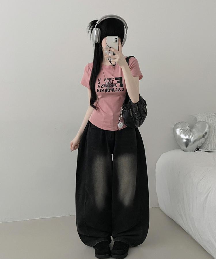 ビンテージレタリングセミクロップ半袖Tシャツ PINK