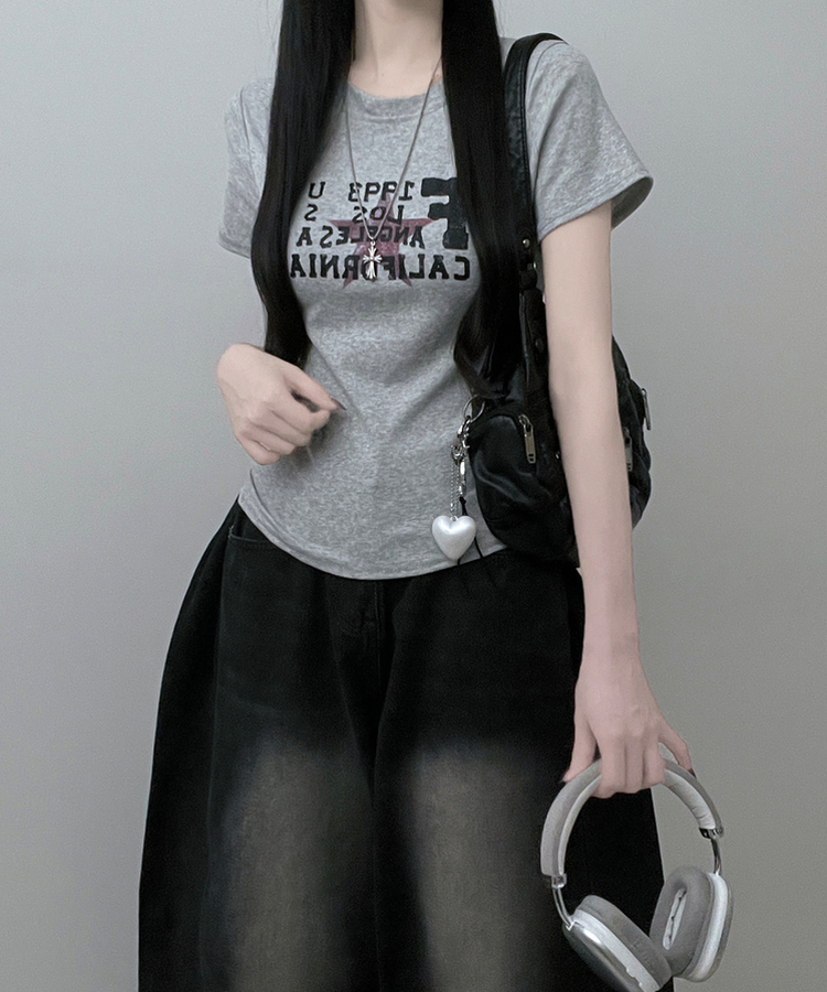 ビンテージレタリングセミクロップ半袖Tシャツ GREY