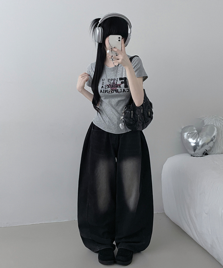 ビンテージレタリングセミクロップ半袖Tシャツ GREY