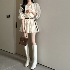 【SET】【ベルト付き】フリルブラウス＋ミニスカート IVORY