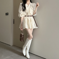 【SET】【ベルト付き】フリルブラウス＋ミニスカート IVORY