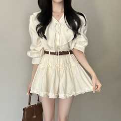 【SET】【ベルト付き】フリルブラウス＋ミニスカート IVORY