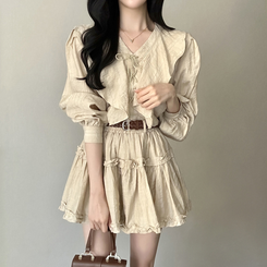 【SET】【ベルト付き】フリルブラウス＋ミニスカート BEIGE