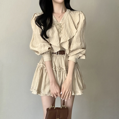 【SET】【ベルト付き】フリルブラウス＋ミニスカート BEIGE