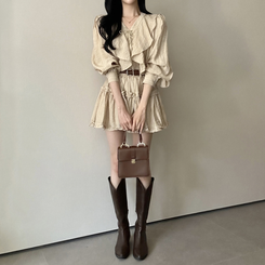 【SET】【ベルト付き】フリルブラウス＋ミニスカート BEIGE