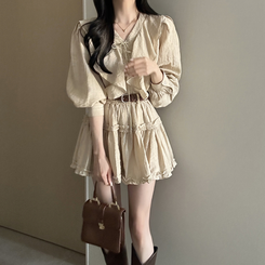 【SET】【ベルト付き】フリルブラウス＋ミニスカート BEIGE