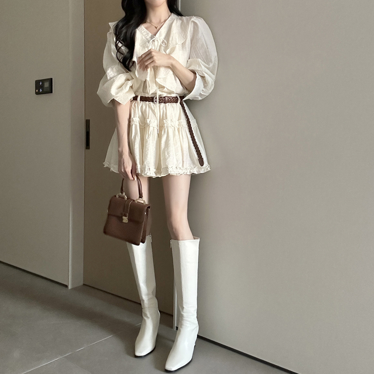【SET】【ベルト付き】フリルブラウス＋ミニスカート IVORY