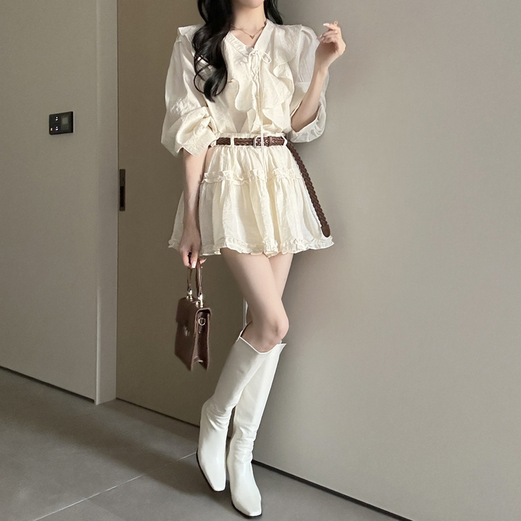 【SET】【ベルト付き】フリルブラウス＋ミニスカート IVORY