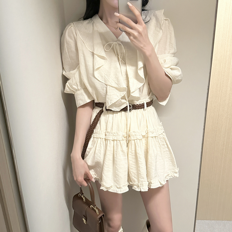 【SET】【ベルト付き】フリルブラウス＋ミニスカート IVORY