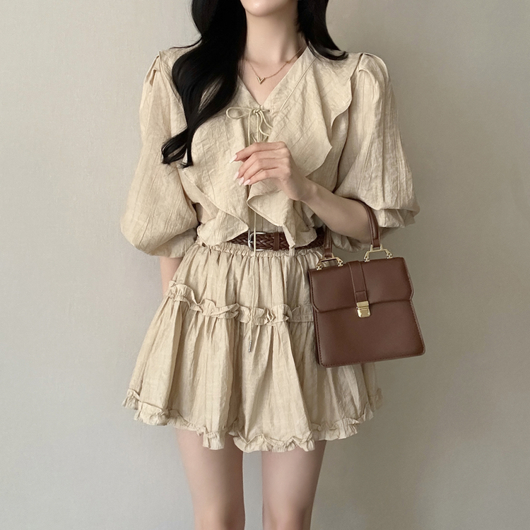 【SET】【ベルト付き】フリルブラウス＋ミニスカート BEIGE