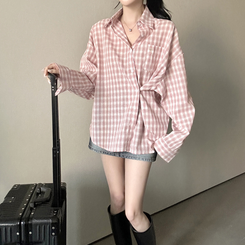 ウエストボタンチェックシャツ PINK