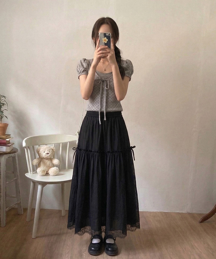 끌레 레이스 레이어드 사이드 리본 스트링 롱 캉캉 스커트 블랙