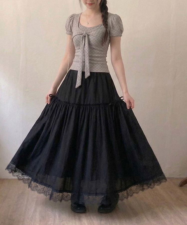 끌레 레이스 레이어드 사이드 리본 스트링 롱 캉캉 스커트 블랙