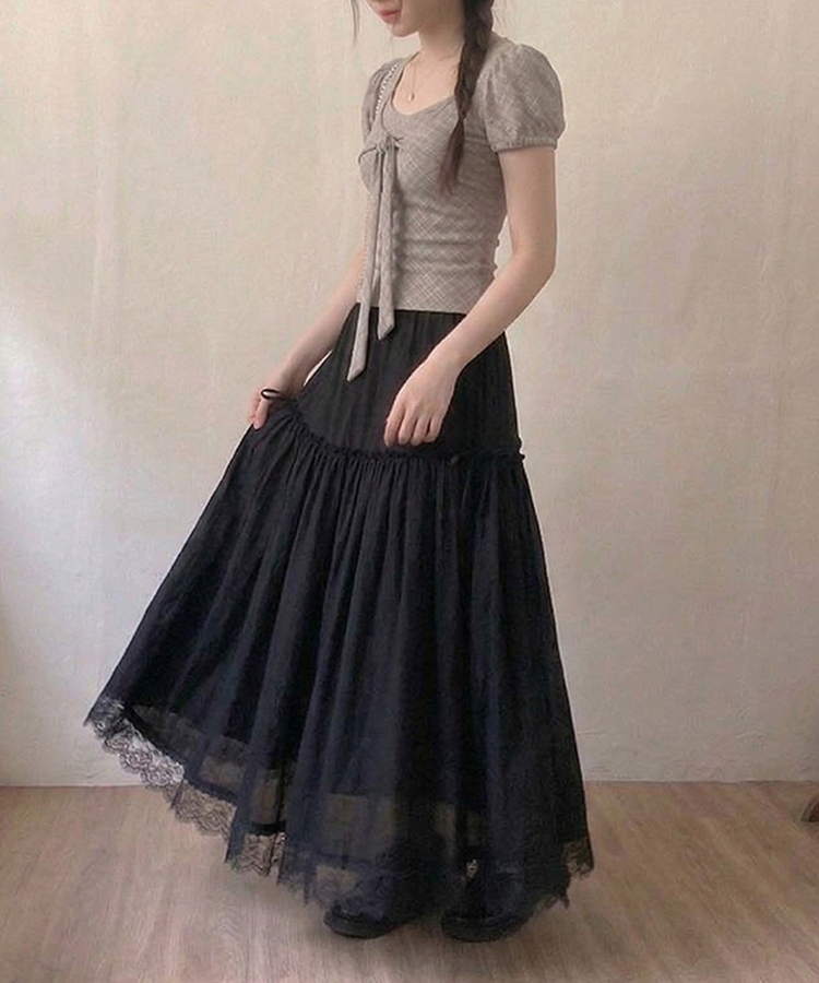 끌레 레이스 레이어드 사이드 리본 스트링 롱 캉캉 스커트 블랙