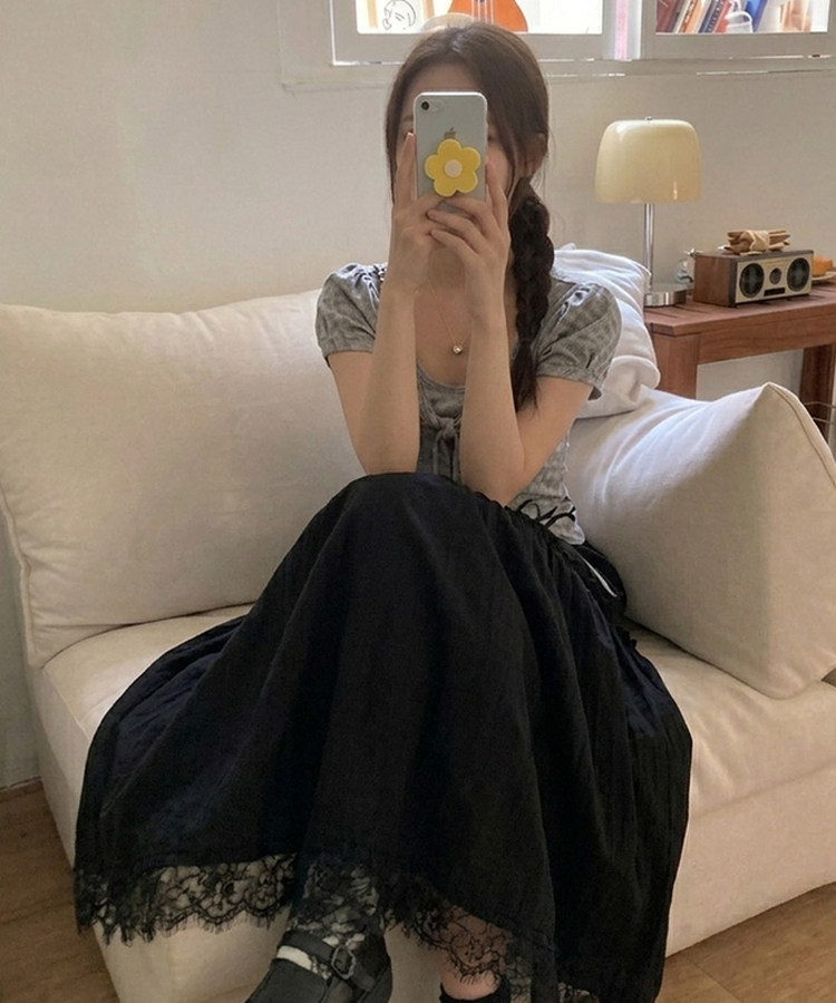 끌레 레이스 레이어드 사이드 리본 스트링 롱 캉캉 스커트 블랙