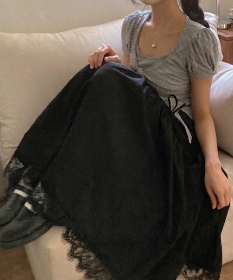 끌레 레이스 레이어드 사이드 리본 스트링 롱 캉캉 스커트 블랙
