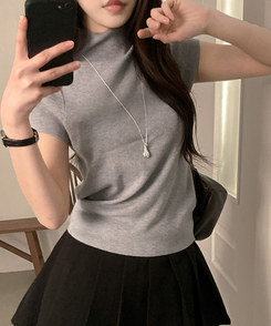 モックネックフレンチスリーブ半袖ニット(6color) GREY