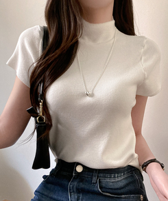 モックネックフレンチスリーブ半袖ニット(6color) WHITE