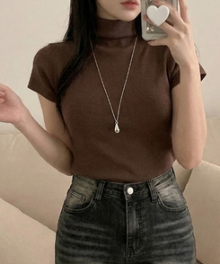 モックネックフレンチスリーブ半袖ニット(6color) BROWN