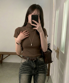 モックネックフレンチスリーブ半袖ニット(6color) BROWN