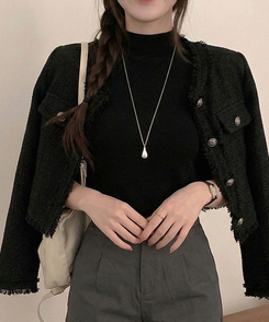 モックネックフレンチスリーブ半袖ニット(6color) BLACK