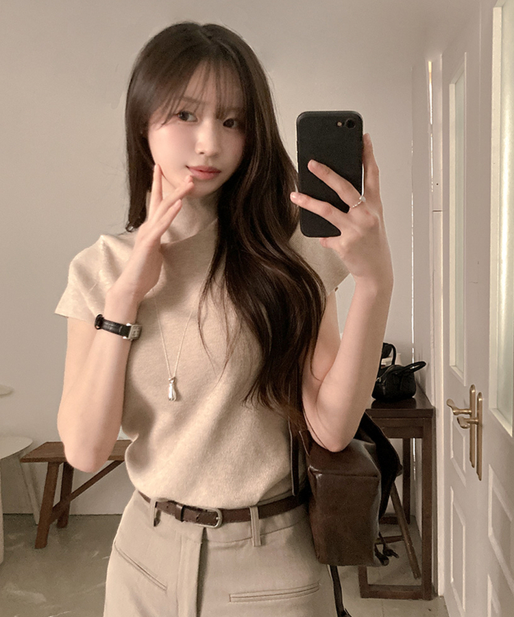 モックネックフレンチスリーブ半袖ニット(6color) OATMEAL