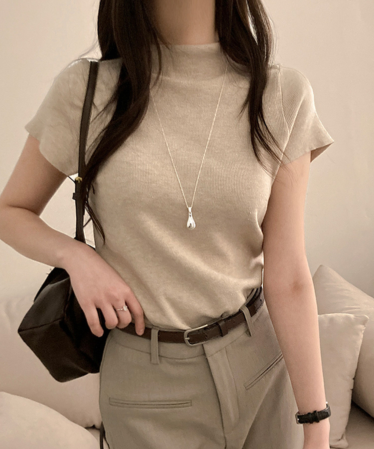 モックネックフレンチスリーブ半袖ニット(6color) OATMEAL