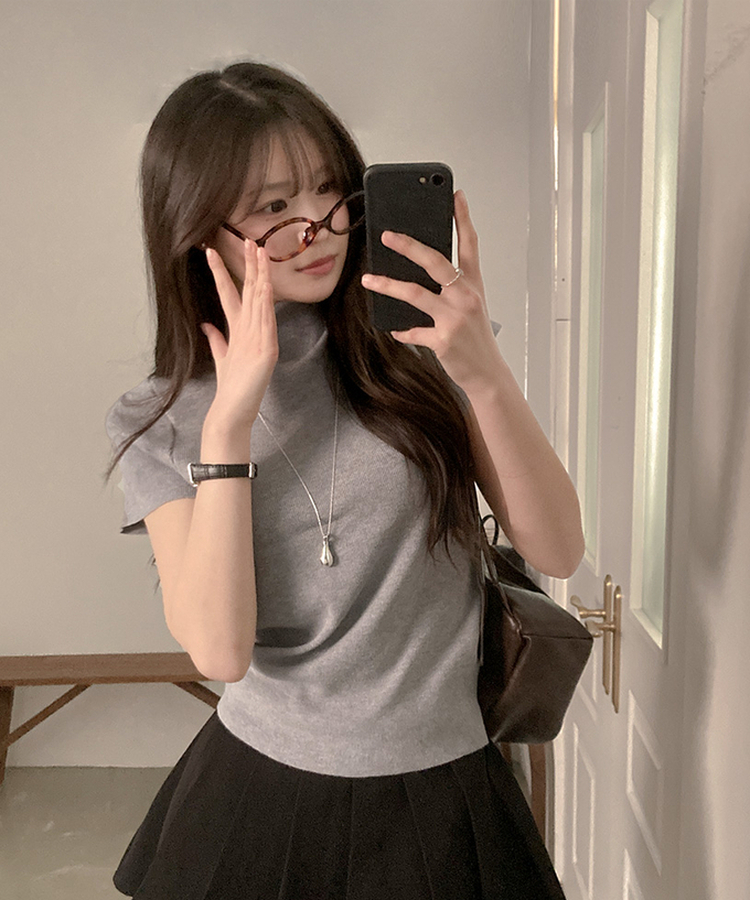 モックネックフレンチスリーブ半袖ニット(6color) GREY