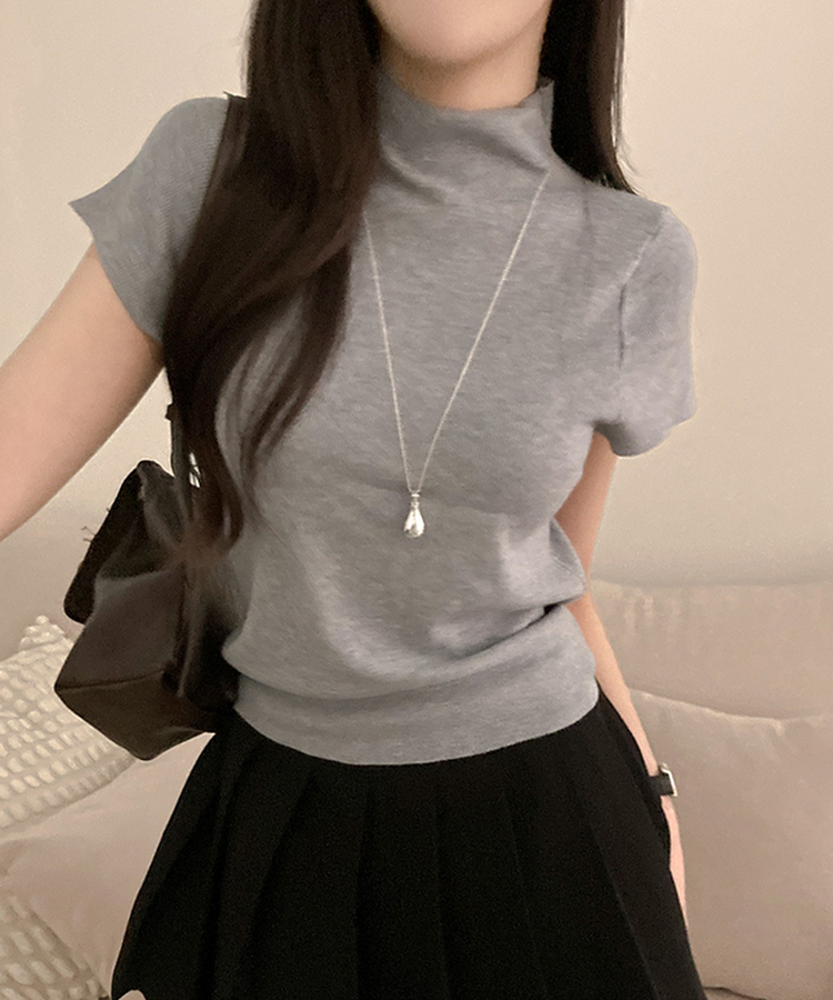 モックネックフレンチスリーブ半袖ニット(6color) GREY