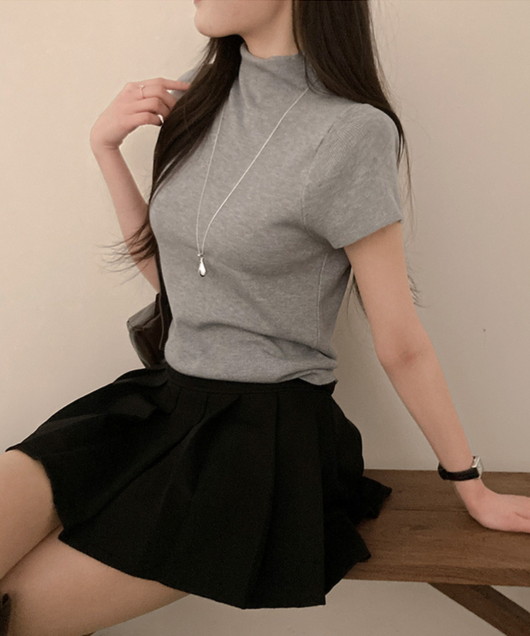 モックネックフレンチスリーブ半袖ニット(6color) GREY