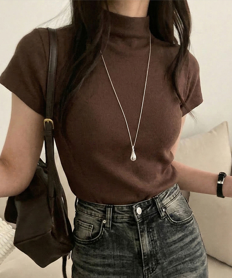 モックネックフレンチスリーブ半袖ニット(6color) BROWN