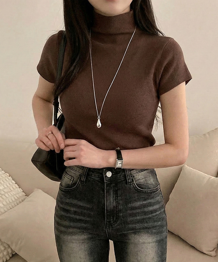 モックネックフレンチスリーブ半袖ニット(6color) BROWN