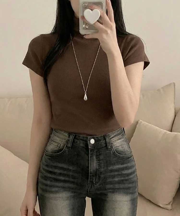 モックネックフレンチスリーブ半袖ニット(6color) BROWN