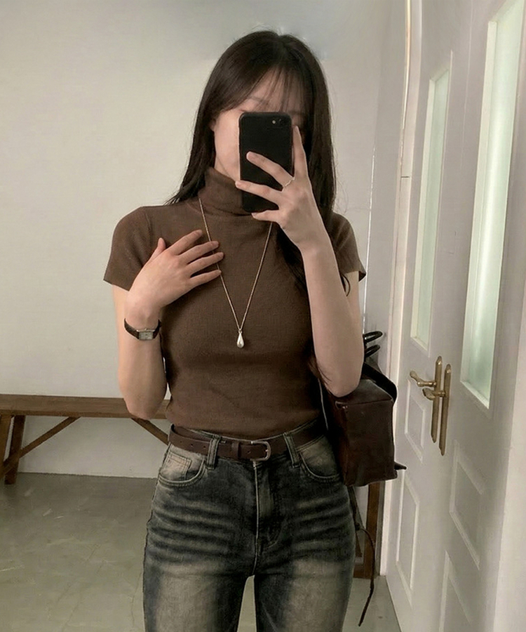 モックネックフレンチスリーブ半袖ニット(6color) BROWN