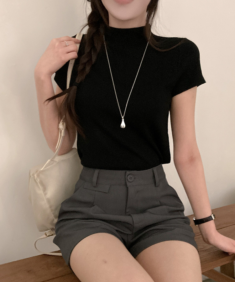 モックネックフレンチスリーブ半袖ニット(6color) BLACK