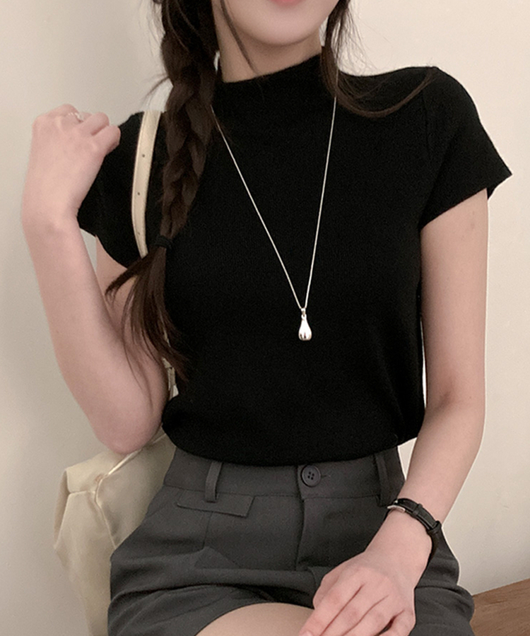 モックネックフレンチスリーブ半袖ニット(6color) BLACK