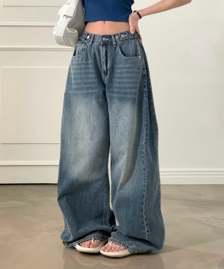 폴딩 사이드 비조 핀턱 4way 워싱 와이드 데님롱팬츠 4color 중청