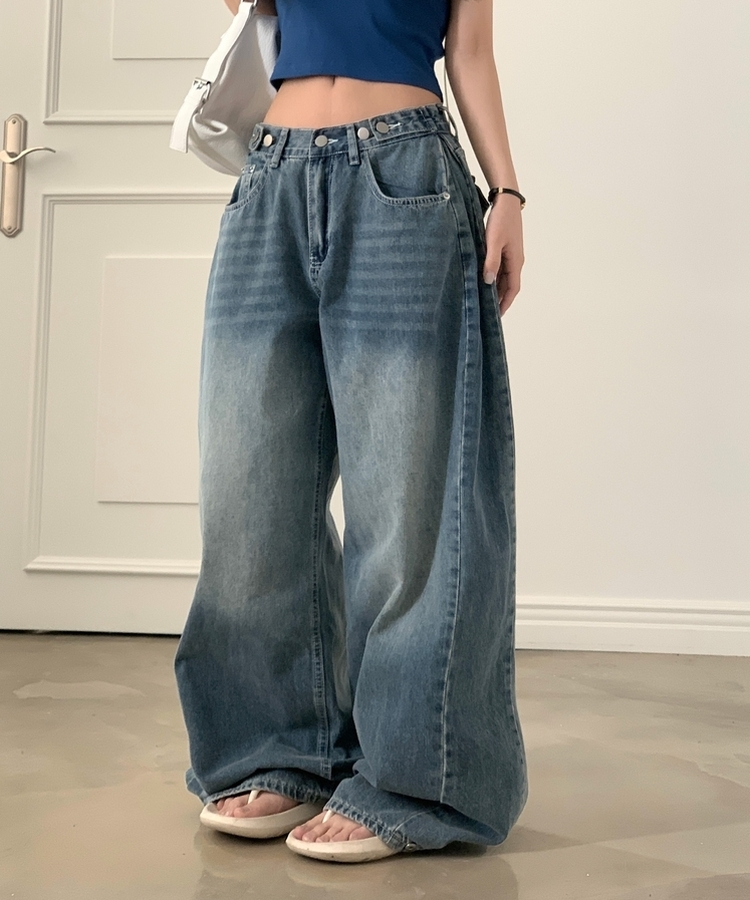 폴딩 사이드 비조 핀턱 4way 워싱 와이드 데님롱팬츠 4color 중청