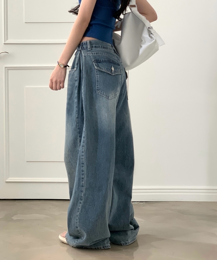 폴딩 사이드 비조 핀턱 4way 워싱 와이드 데님롱팬츠 4color 중청