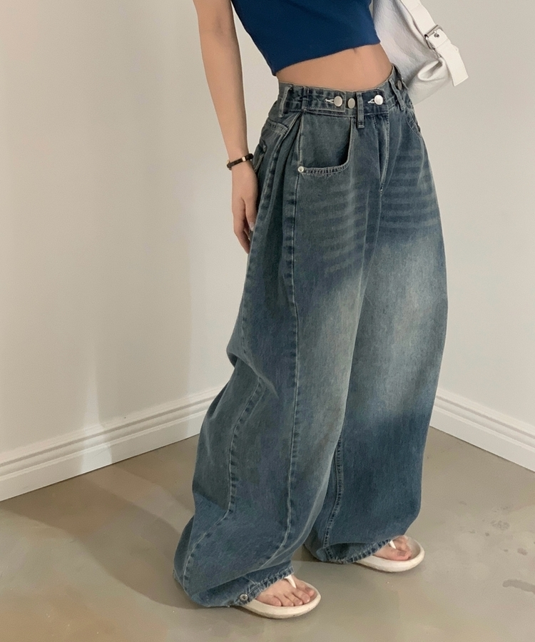 폴딩 사이드 비조 핀턱 4way 워싱 와이드 데님롱팬츠 4color 중청